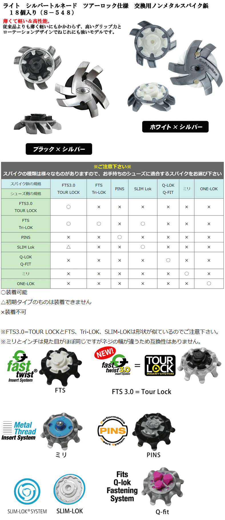 ☆クーポン対象☆【土日祝発送可】ライト シルバートルネード ツアーロック仕様 交換用ノンメタルスパイク鋲 18個入り (S－548)  つるやゴルフONLINE